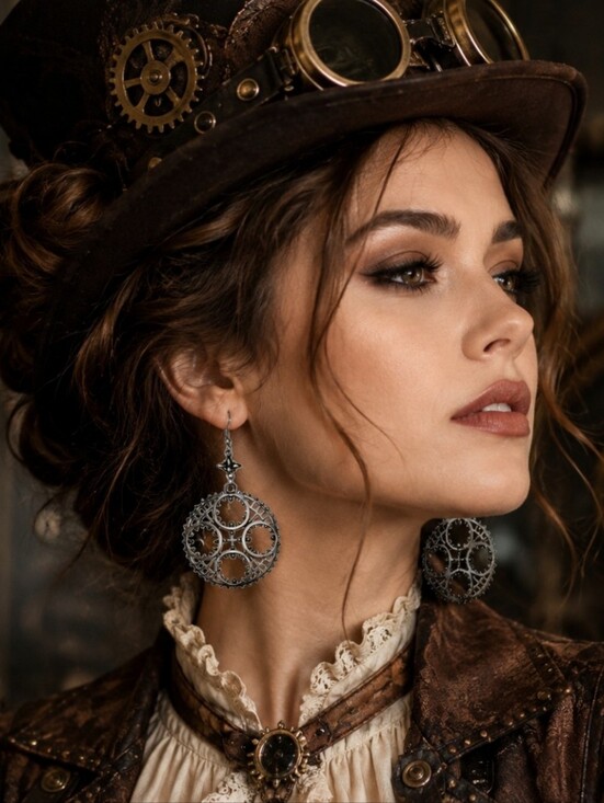 None Jewelry - Silvertone Steampunk Gear-Themed Industrial Look Dangle Pierced Earrings